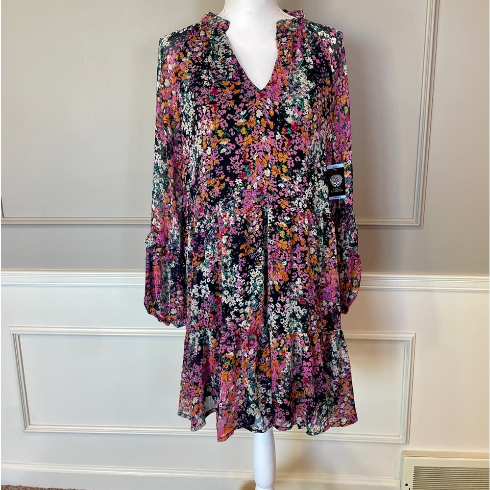 Vince Camuto NWT Dress Large Peasant Floral Tiered Ruffle Black Long Sleeve Midi